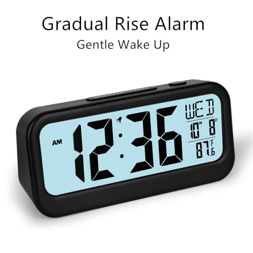 Image of FAMICOZY Digital Alarm Clock with Calendar Indoor Temperature,Adjustable Snooze,Crescendo Alarm,Manual DST,Light on Demand,No Ticking for Bedside Travel,Black
