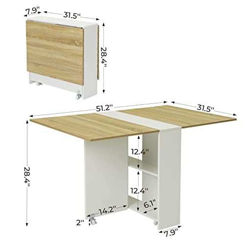 Tiptiper Folding Dining, Versatile Dinner Table With 6 Wheels And 2 Storage Racks, Space Saving Kitchen, Dining Room Table, 31.5 In X 51.2 In X 28.4 In, Pear Wood Color And White #TOP2