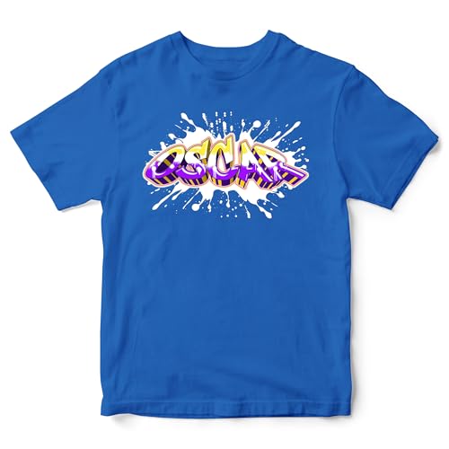 Image of Personalised Graffiti Name T Shirt for Kids Custom Paint Splatter Tee Boys Girls, 9-11 Years, Royal Blue