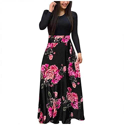 Abito da donna lungo alla moda maxi abito da donna casual lungo stampa floreale abito da donna abito a maglia donna autunno, Colore: rosa., XXL