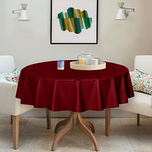Image of sancua 100% Waterproof Round PVC Tablecloth - 60 Inch - Oil Proof Spill Proof Vinyl Table Cloth, Wipe Clean Table Cover for Dining Tables, Buffet Parties and Camping, Burgundy