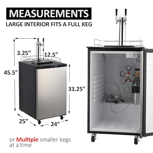 Image of Kegerator and Keg Beer Cooler, Dual Tap Draft Beer Dispenser, Full Size Keg Refrigerator With Shelves, Stainless Steel, Drip Tray & Rail,silver