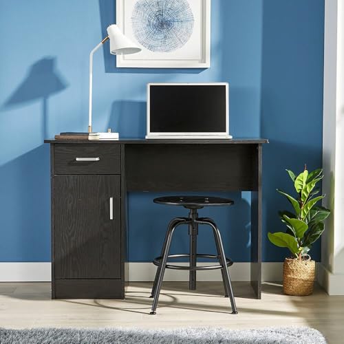 Home Source Office Desk, 1 Drawer & 1 Door Compact Computer Workstation, Black