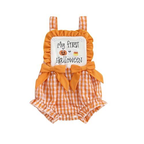 Newborn Baby Girl My First Halloween Smocked Outfit Seersucker Gingham Romper Overalls One Piece Plaid Jumpsuit