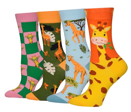Cansok Women Giraffe Socks Gifts Animal Novelty Dress Crew Socks (Giraffe - 4 pairs)