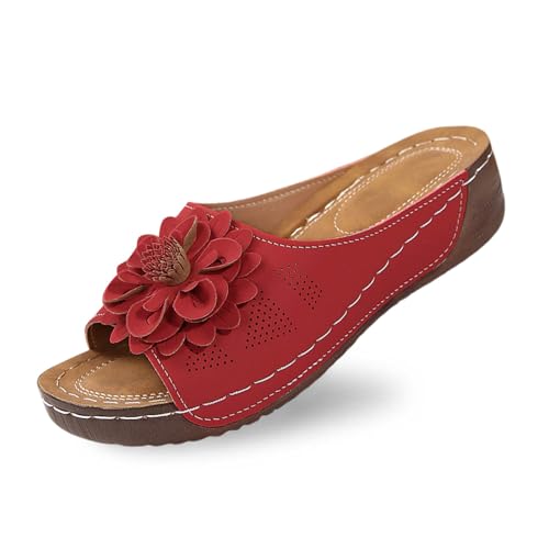 Las Elegantes cuñas de Punta Abierta para Mujer con Parte Superior de Cuero y Pantuflas de Flores Son Zapatos cómodos y con Temperamento. Verano Casual