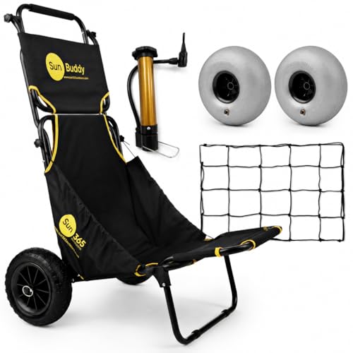 Sun Buddy Foldable Beach Fishing Trolley Cart Chair, All Terrain Balloon & Puncture Proof Wheels, Sun Canopy, Luggage Rack & Cargo Net, 90kgs/200 lbs Picnics, Sporting Events, Outdoors