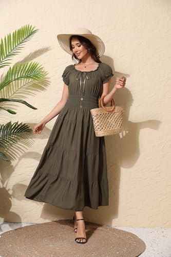 Image of OSTOO Women's Floral Maxi Dress Boho Summer Short Sleeve Smocked Waist Tiered Long Dress