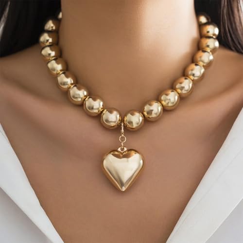 YANCHUN Chunky Heart Necklace Chunky Gold Pendant Necklaces for Women Trendy Large Beads Statement Heart Charm Necklace Jewelry Gifts2
