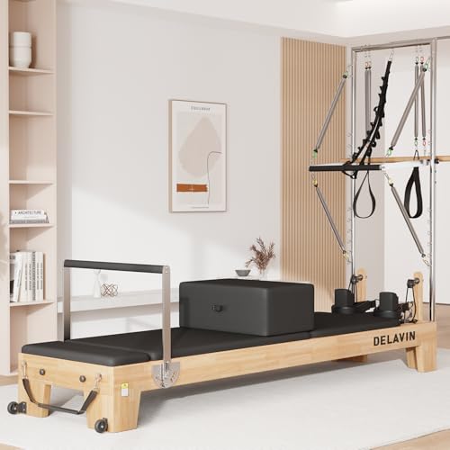 DELAVIN Pilates Reformer with Tower, Pilates Machines with Springs, Sitting Box, Jump Board and Accessories, Solid Wood Pilates Equipment for Studio, Gym and Home Workout