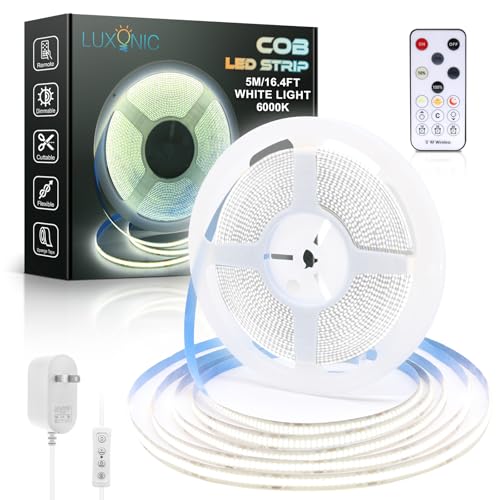 LUXONIC COB Bande LED 5M 6000K,8MM 24V Blanc Froid continue Ruban LED, Lumières LED dimmables avec télécommande, Bandeau Lumineuse LED flexible ultra lumineuse CRI90+ pour le cabinet, maison, TV, Noël