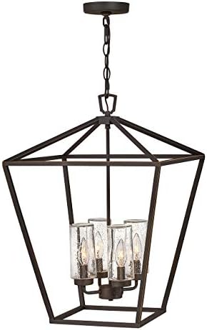 Hinkley Alford Place Large Outdoor Open Single Tier LED Chandelier, Die Cast Aluminum Frame, Colonial-Style Candelabra, Clear Seedy Glass Shades, Oil Rubbed Bronze