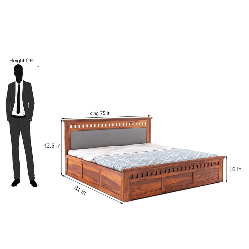 Image of Amazon Brand - Solimo Solid Sheesham Wood Kuber King Size Upholstered Bed with Box Storage + 2 Bedside | Wooden King Size Cot Bed | Double Bed with 2 Bedside Furniture for Bedroom (Honey Finish)