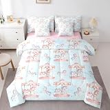 Unicorn Carousel Twin Bedding Set 7 Pieces,Romantic Amusement Park Horse Animal Comforter Set with Sheets for Kids,Princess Style Fairy Tale Pink Blue Starry Bed Set in a Bag with Pillow Covers