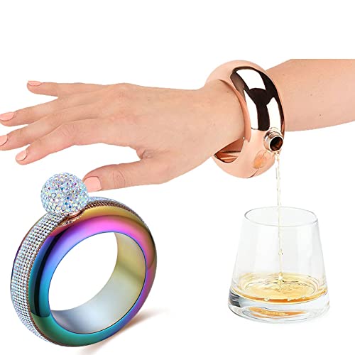 Image of Flask Bracelet Bangle Flask Creative Stainless 304 Steeland Hip Flask Funnel Set For Women 3.5 oz (Rainbow Rhinestones Lid)
