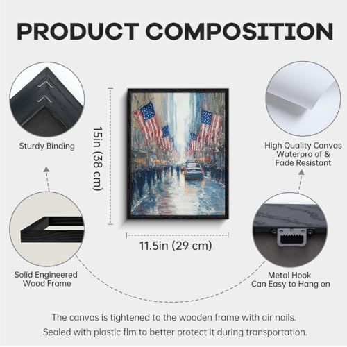 American Flags Wall Art, rainy city reflections, urban impressionist wall decor, brushstroke framed canvas print, patriotic poster, for office hallway veterans gift, 12x15 inch - Image 6