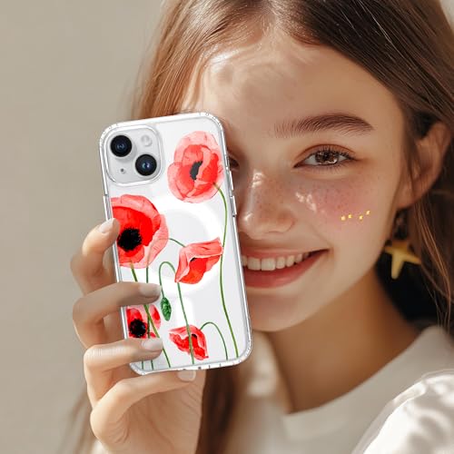 Idocolors for iPhone 15 Case, Compatible with MagSafe, Cute Poppy Flower Magnetic Phone Case, Crystal Clear Slim Fit Soft Transparent Shockproof Protective Phone Cover for Women Girls - image 6