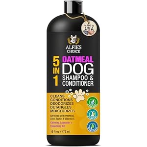 ALFIE’S CHOICE 5-in-1 Oatmeal Dog Shampoo and Conditioner | 16 fl oz | Gentle Dog Wash with Aloe, Biotin & Vitamin E | Cleans, Conditions, Deodorizes, Detangles & Moisturizes for All Breeds