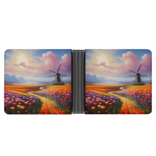 Dutch Windmills Tulips Bifold Wallet PU Leather Coin Purse Lightweight Credit Card Holder Wallet Money Clip