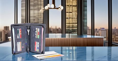 Image of Sukeshcraft Multiple Cheque Book Holder | Original PU Holds Upto 8 Cheque Books, 1 Pin-Sim Slot,14 Credit /Debit Card Slots with Matching Zipper (Pu- Black)