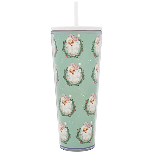 Mary Square Smiling Santa In Holly Wreath 24 Ounce Acrylic Christmas Travel Tumbler With Straw #TOP22