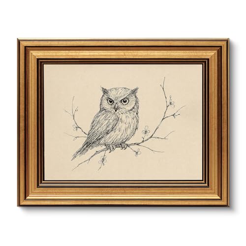 Image of VIYYIEA Vintage Gold Framed Wall Art for Living Room, Owl Canvas Prints Home Decor, Sketch Painting Picture, Bedroom Wall Decor Gifts for Friends or Family -【Owl】-(10L x 8W)