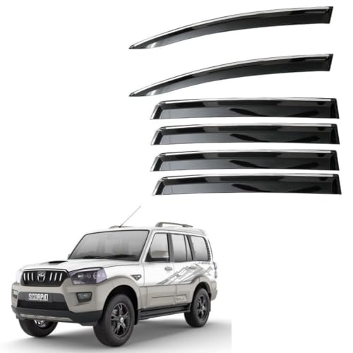 Image of CAR SAAZ Unbreakable Chrome Smoke Door Visor for Scorpio Type 1-4 (2002-2021)| Premium Sun, Rain Wind Deflector Chrome Strip Side Door Rain Visor - Set of 6 Pcs
