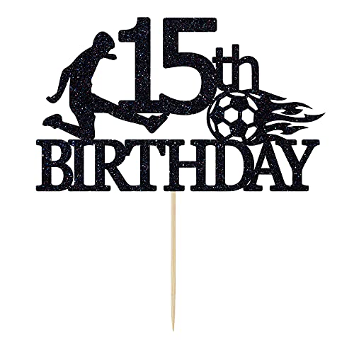 Colorfulparty Black Glitter Happy 15Th Birthday Cake Topper -Soccer Ball Cake Topper For 15 Years Old -Cheers To 15 Years, Football Themed Party Decorations #TOP1