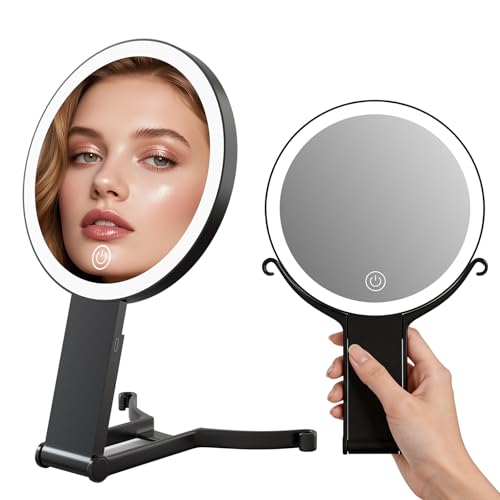 Makeup Mirror with Lights 40X/1X Double Sided Magnifying Makeup Mirror with 3 Color Lighting and Adjustable Brightness Portable hand mirrors with handle for Desktop Travel Use (1x/40x- Black)