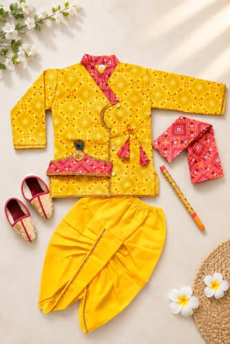 Image of Boys Krishna Costume Kurta Dhoti Set, Yellow Bandhani Print