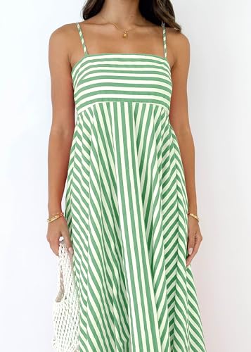 Image of Women Striped Maxi Dress Smocked Backless Spaghetti Strap Long Flowy Dress Sleeveless Boho Aline Sundress