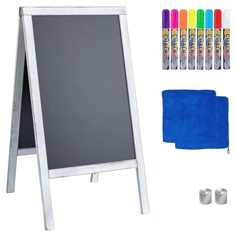 TIANSE Magnetic Wooden A-Frame Chalkboard Sign, Large 40" x 21" Floor Standing Double-Sided Sidewalk Chalkboard Easel, Suit for Store, Restaurant or Wedding with Wipe, Chalk Markers and Magnet (White) Cover