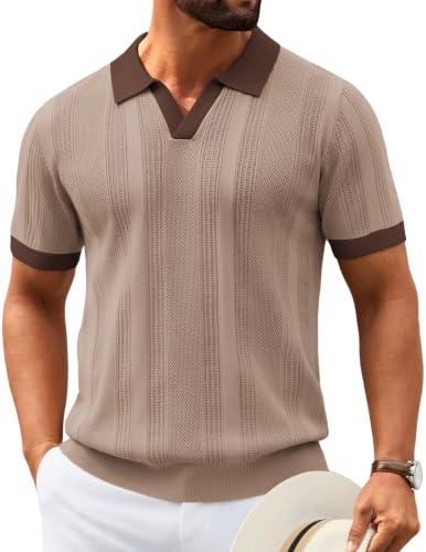 Image of COOFANDY Mens Knit Polo Shirts V Neck Textured Polo Shirts Short Sleeve Breathable Polo Casual Collared T Shirt Fashion Tops