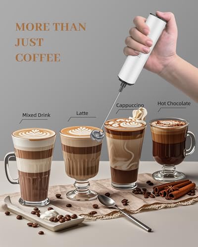 INFOOD Milk Frother Rechargeable with Cover - Coffee Frother Wand, Drink Mixer Handheld with 2 Detachable Stainless Whisks 2 Speed Adjustable for Latte, Cappuccino, Hot Chocolate, Egg, White