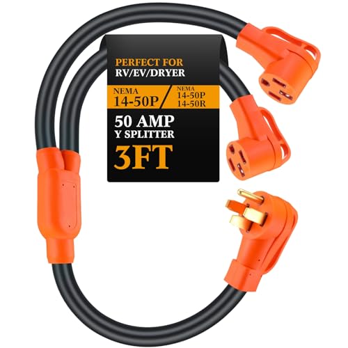 Kanayu 50Amp NEMA 14-50 Y Splitter Adapter Cord ETL Listed NEMA 14-50P Male to 2X 14-50R Female 4 Prong 250V Splitter for RV and EV 6/3+8/1 STW AWG RV Generator Outdoor Extension Cord 3 Ft