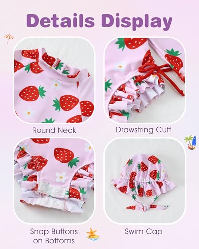 Image of Renotemy Baby Girls Swimsuit Drawstring Zip Bathing Suit Long Sleeve One-Piece Rash Guard Swimwear with Hat for Infant Girl