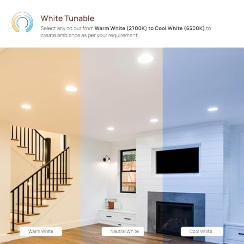 wipro Garnet 15W Smart Trimless COB | CCT, White Tuneable & Dimmable | Control with Mobile App via Bluetooth | Gateway Required for Controlling Through Internet & Alexa/Google Asst. | Pack of 1