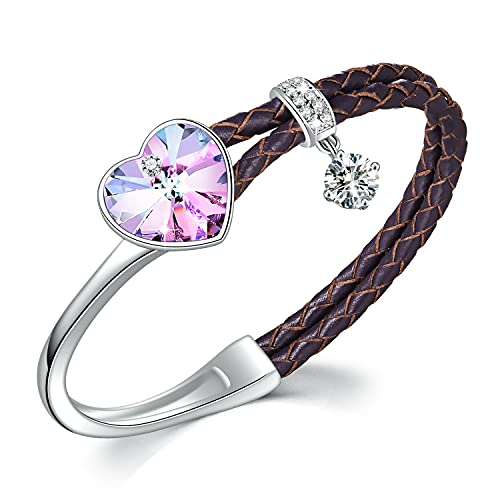 Image of SUE'S SECRET Purple Pink Heart Crystal Bangle Bracelet Elegant Striped Leather Bands Unique Gift for Her Ladies Anniversary Wedding Women Birthday Christmas for Mom Wife Girlfriend