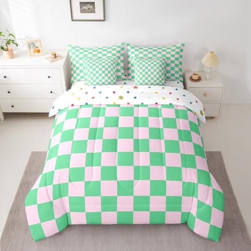 Parure de lit 7 pièces avec couette imprimé patchwork géométrique abstrait rose