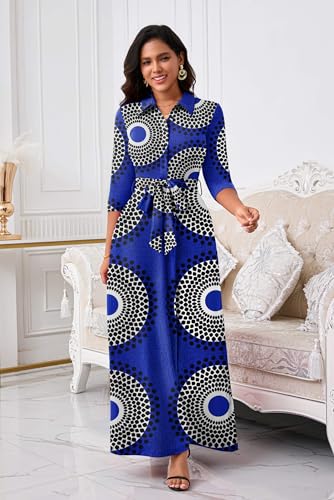 Image of Rumwind Maxi Dresses for Women, 3 /4 Sleeve Shirt Collar Casual Afircan Print Church Dress Button Down with Belt and Pockets