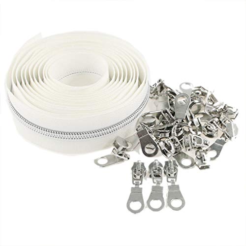 Image of #5 Antique Silver Metallic Nylon Coil Zippers by The Yard Bulk 10 Yards White Tape with 25pcs Silver Sliders for DIY Sewing Tailor Craft Bag Leekayer(White)