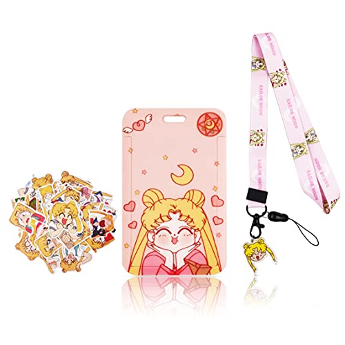 TJIUSI Sailor Pink Moon Lanyard for Keys ID Badge Holder Sailor's Moon Keychain Pink Anime Sailor Moon Lanyard and 32 pcs Sailor Moon Stickers for Teens Gifts