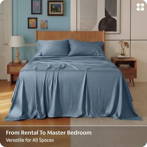 Image of Bedsure PureWoven 100% Rayon Derived from Bamboo, Queen Sheets, 4 Pieces | Cooling Sheets for Hot Sleepers, Breathable & Silky Soft, 16 inch Deep Pocket, Hotel Luxury Bedding, Dusty Blue