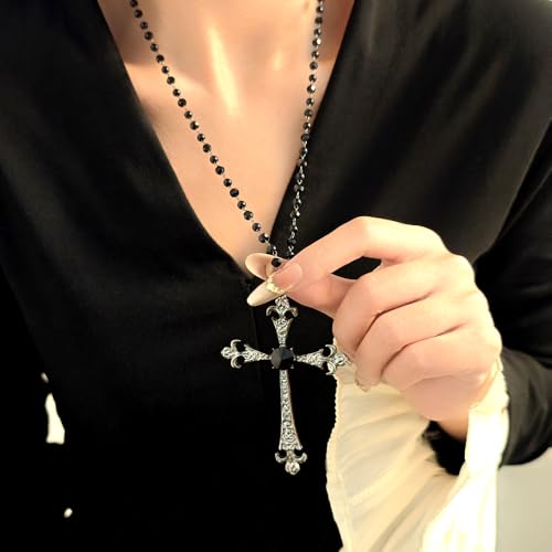 Gothic Punk Cross Pendant Necklace Vintage Rhinestone Pearl Beaded Cross Long Necklace Sweater Chain for Women Men Jewelry Gifts4