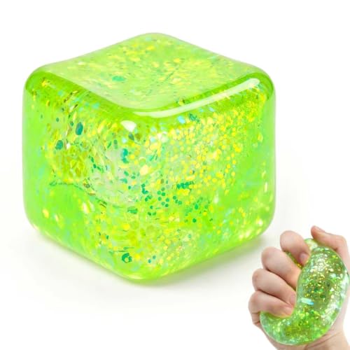 Image of Squishy Cube,Ice Cube Squishy Stress Cube for Adults,Glitter Squishy Slow Rising Fidget Cube Sensory for Anxiety Stress Relief High Density Ice Squeeze Ball Cubes(Green)