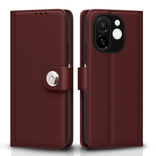 Image of Pikkme Flip Cover for Tecno Spark 30C 5G Leather Finish | Inside TPU with Card Pockets | Wallet Stand and Shock Proof | Complete Protection Button Flip Case(Brown)