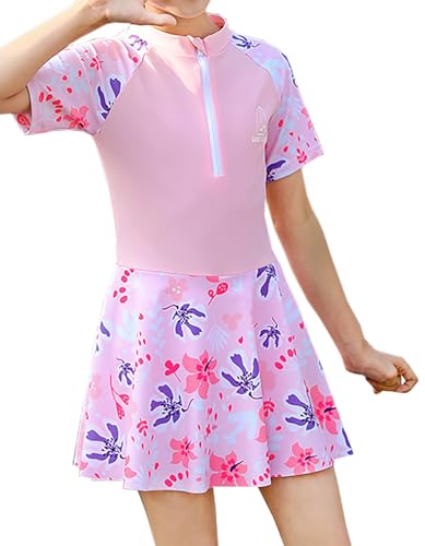 Image of Girls Swimsuit Girls One Piece Skirted Swimsuit Short Sleeve Floral Rash Guard Bathing Suit Swim Dress Swimwear