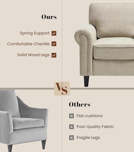 Image of Kingfun Loveseat 2 Seater Couch with Chair, Mid Century Modern Chenille Sofa Set with Rolled Arms and Deep Seats, Fluffy Comfort for Living Room, Apartment, Easy Assembly, Khaki