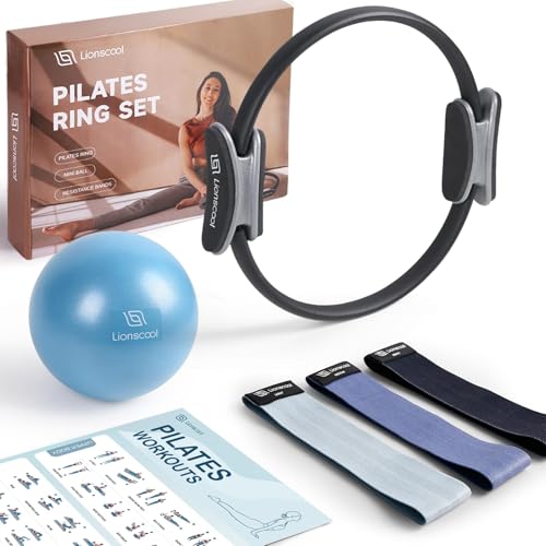 LIONSCOOL Pilates-Ring-Set (Schwarz) – 36cm verformungsbeständiger Pilates-Ring mit gepolsterten Griffen, 23 cm Mini-Ball, rutschfeste Stoff-Widerstandsbänder, Anleitung und Tasche