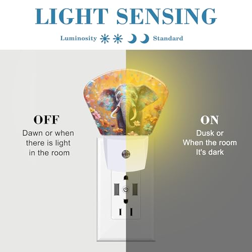 Image of Watercolor Elephant Night Light for Kids Girls Boys, Flowers LED Night Light Plug into Wall with Dusk to Dawn Sensor for Bedroom, Hallway, Kitchen, Bathroom, Stairs Decor